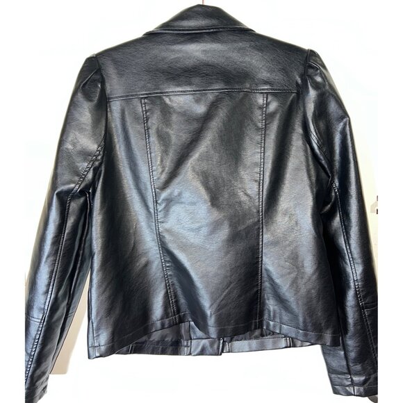 Womens Black Faux Leather Moto Jacket Gold Zipper Details By New Look Size LARGE - Picture 2 of 5